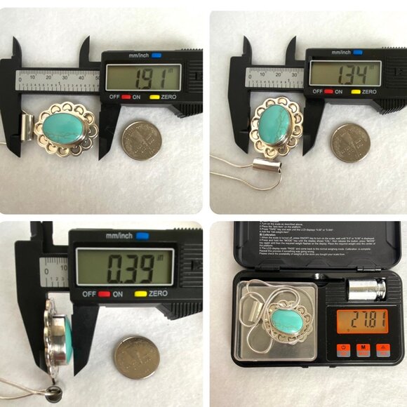 Sterling Silver 925 Mexico Large Oval Faux Turquoise Floral Pendant Necklace - Picture 10 of 16